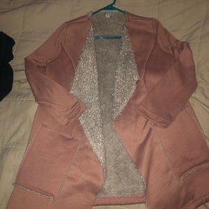 Dusty pink faux fur long cardigan w/ minor flaws